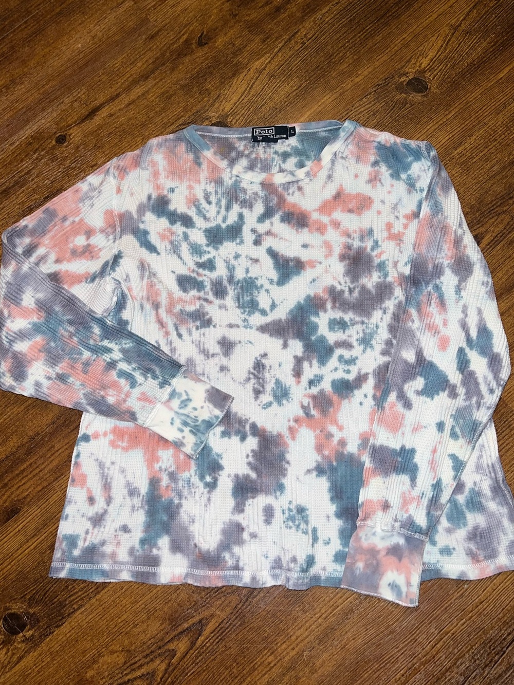 Polo Ralph Lauren Tie Dye Ribbed Waffle Knit Crewneck Long Sleeve Shirt Size L